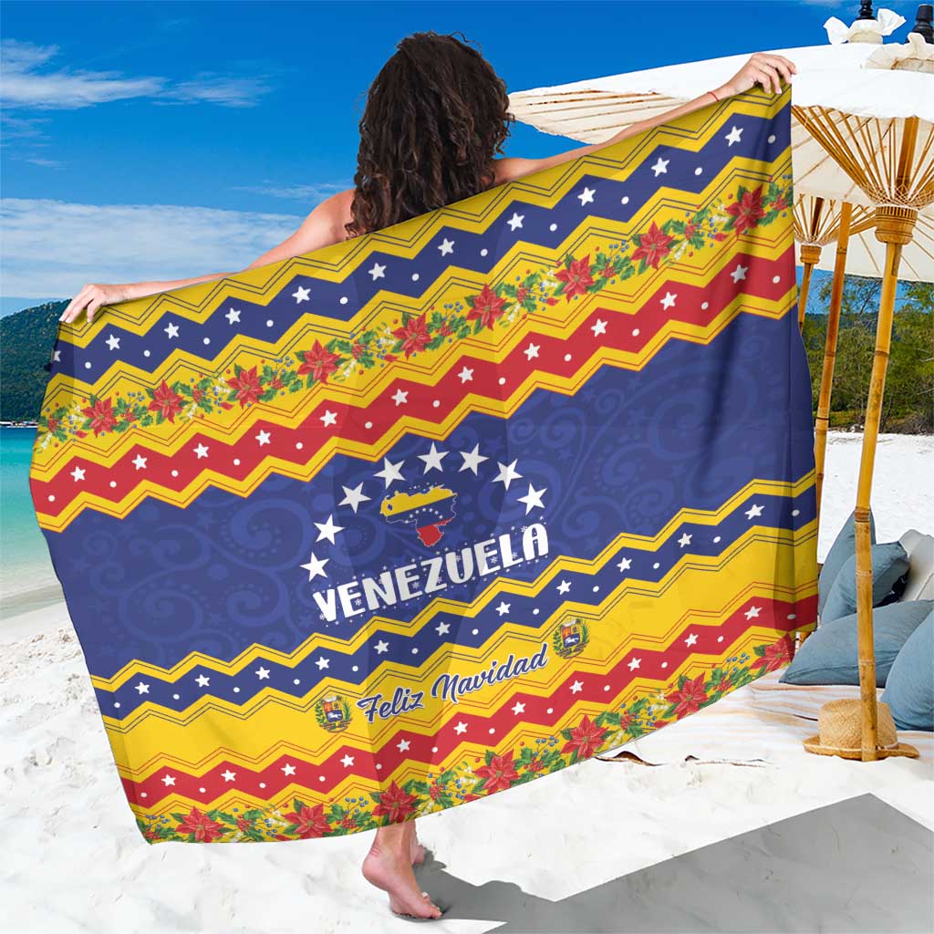 Christmas sarong with navy blue, yellow, red stripes, stars, flowers, and Feliz Navidad text