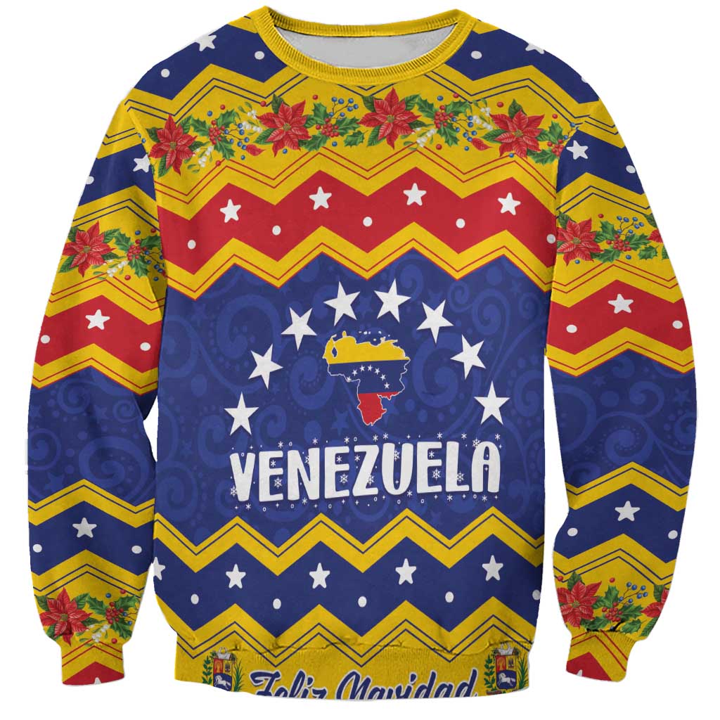 Unisex yellow-trim Christmas sweatshirt with Venezuela graphic and Feliz Navidad