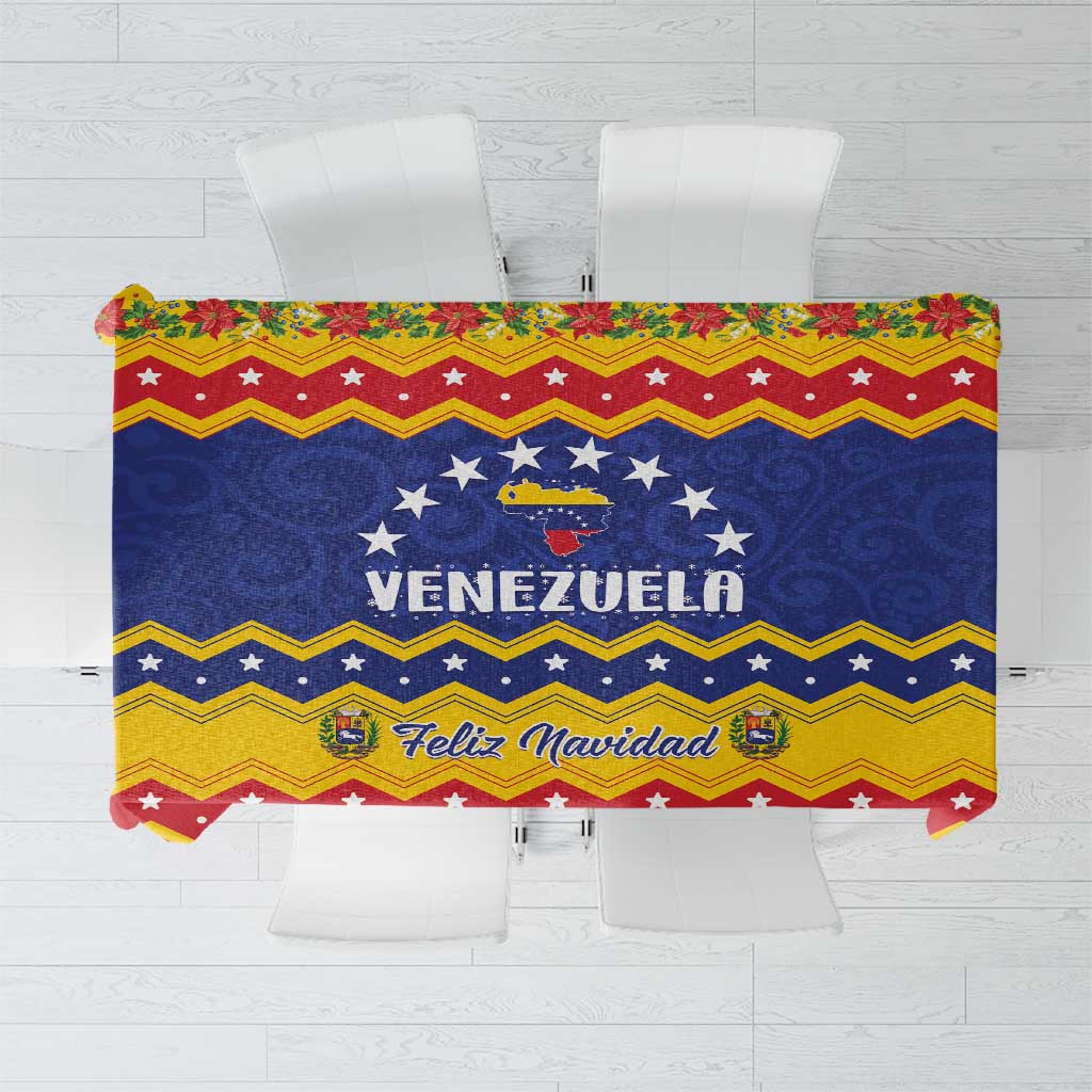 Christmas tablecloth with blue, red, and yellow zigzag stars and “Feliz Navidad” text
