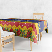 Christmas tablecloth side drape with red and yellow chevrons and poinsettia floral pattern