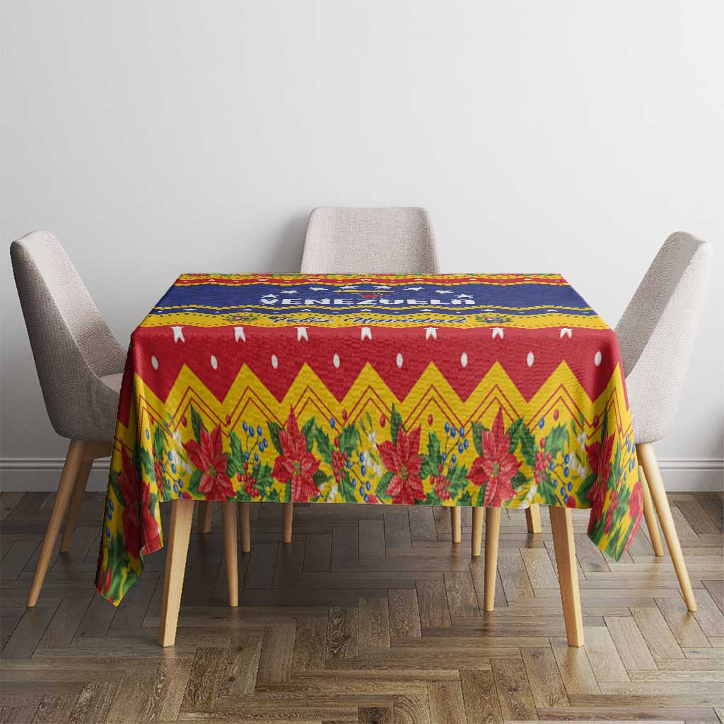 Christmas tablecloth on table with red top panel, blue stripe, and poinsettia border