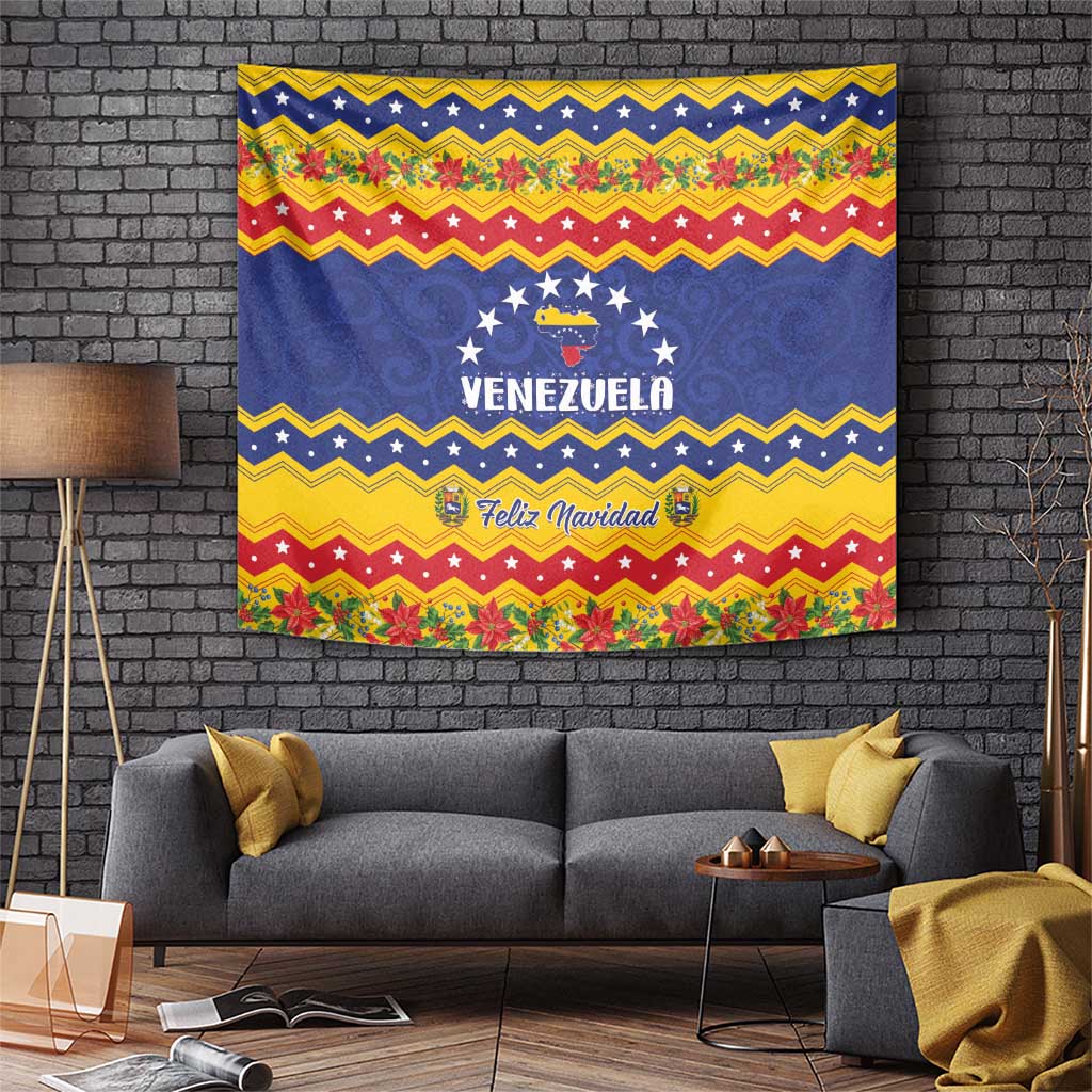 Christmas tapestry with blue center, "VENEZUELA" and "Feliz Navidad" text