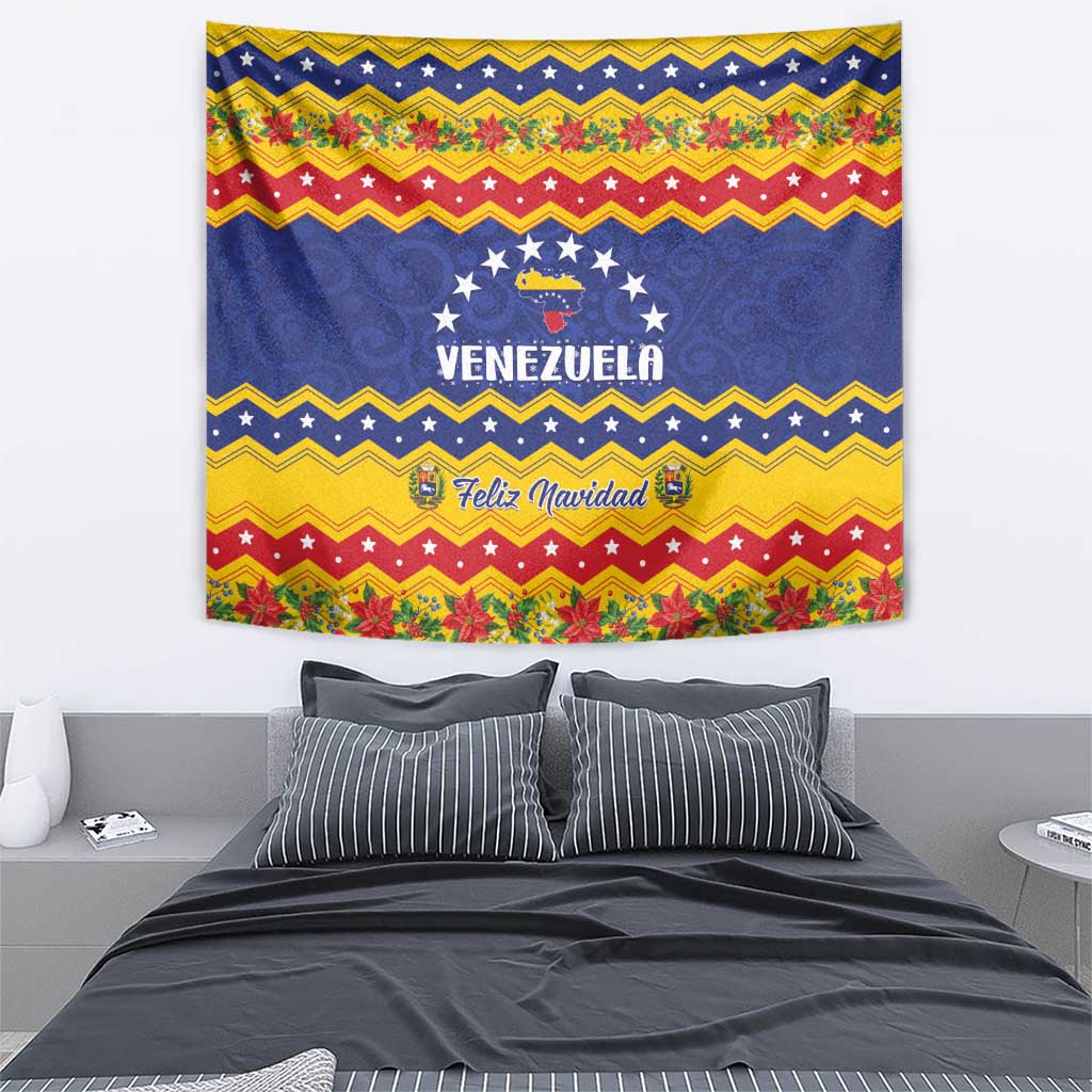 Christmas tapestry featuring "VENEZUELA" crest and "Feliz Navidad" ribbon in center