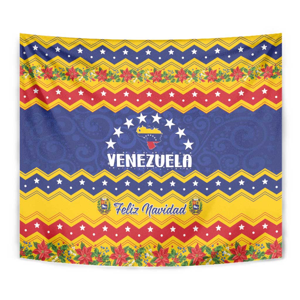 Christmas tapestry close view: "VENEZUELA" in star wreath with "Feliz Navidad" ribbon