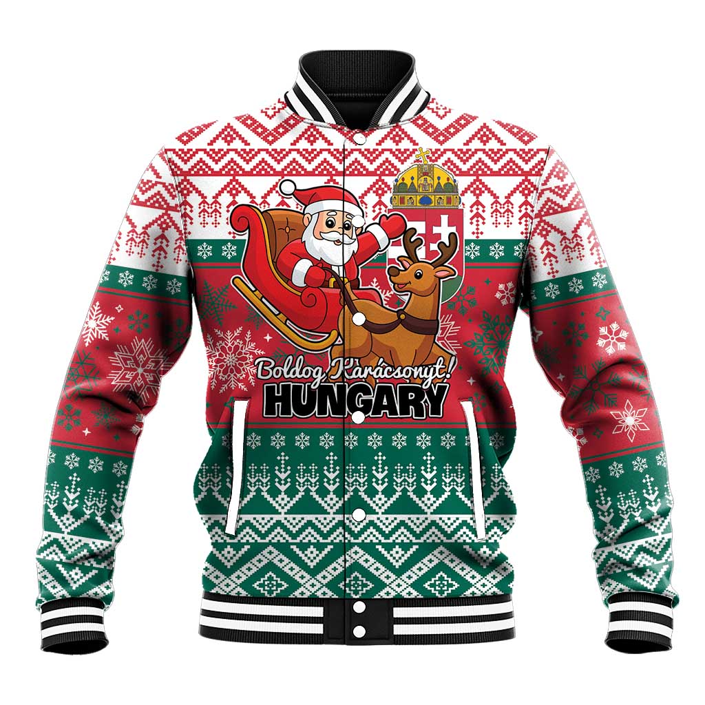 Red holiday baseball jacket with hood, striped cuffs, and front graphic