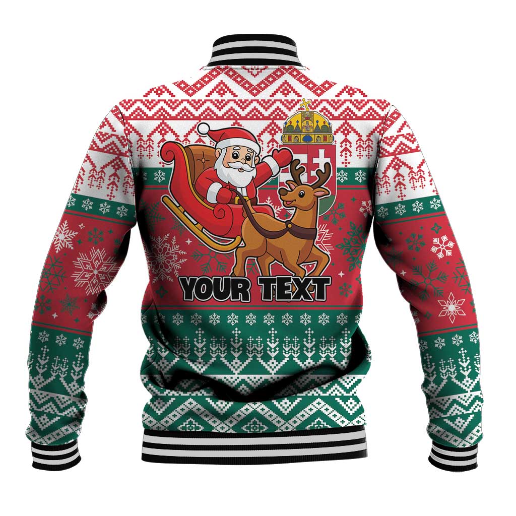 Back of red holiday baseball jacket with hood, striped cuffs, and 'YOUR TEXT' graphic