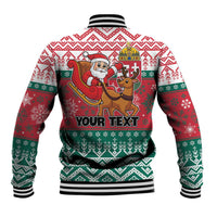 Back of red holiday baseball jacket with hood, striped cuffs, and 'YOUR TEXT' graphic