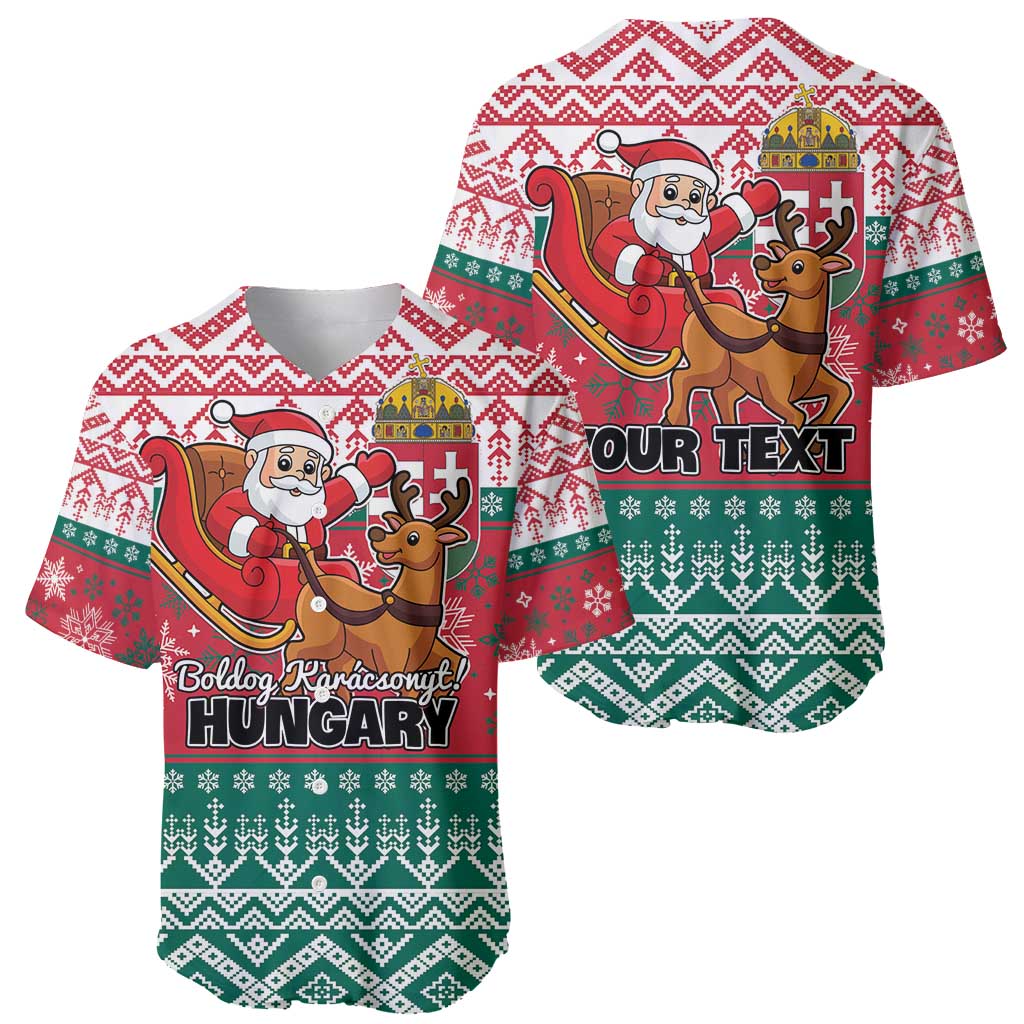 Pair of red and green baseball jerseys with Santa and reindeer holiday graphics