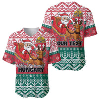 Pair of red and green baseball jerseys with Santa and reindeer holiday graphics