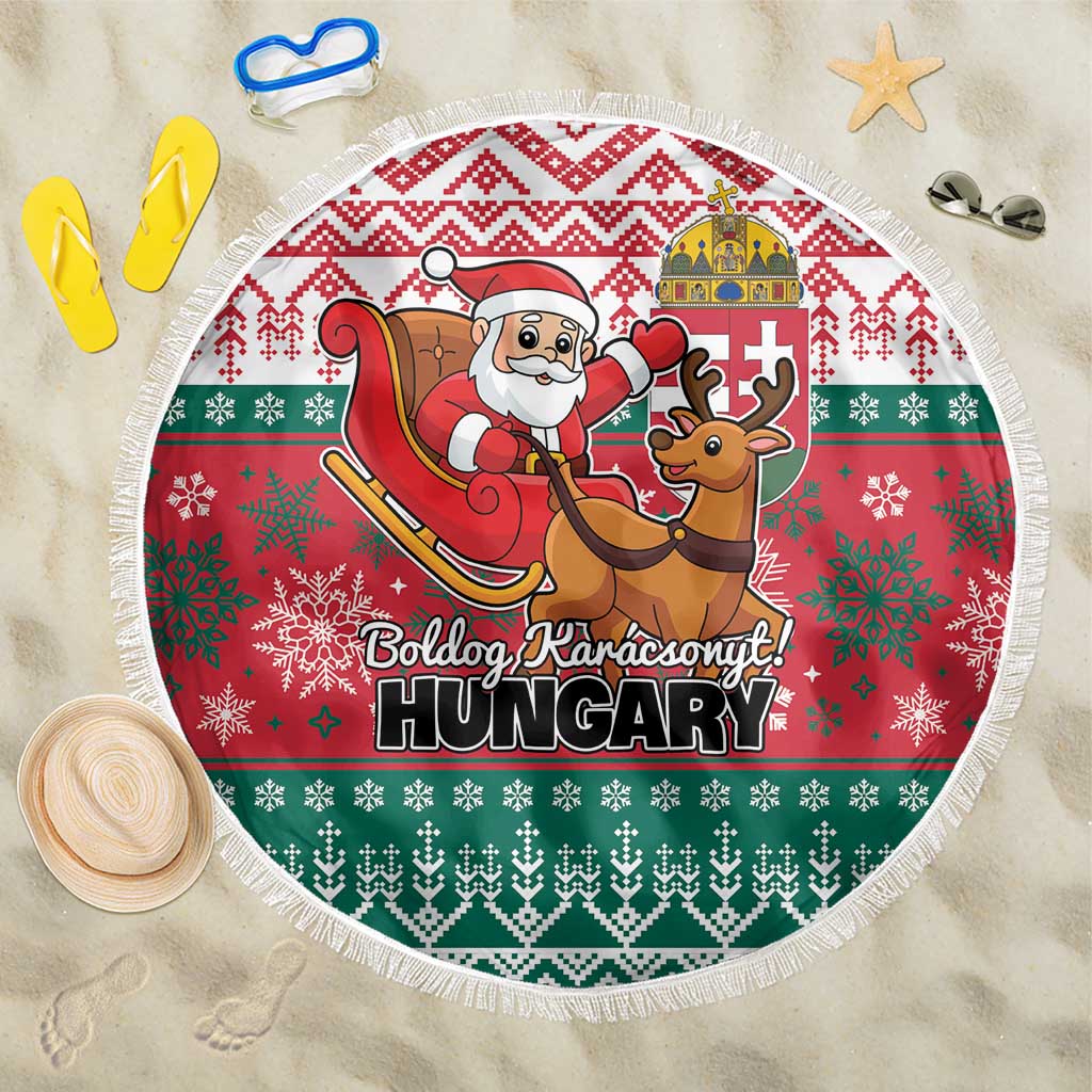 150cm round Christmas beach blanket in red and green with fringe edge and Santa design