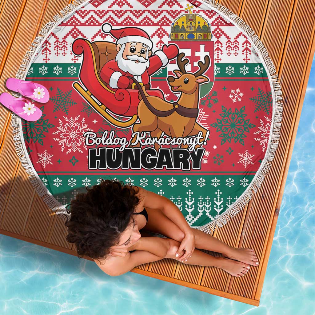 Round Christmas beach blanket with fringe edge, red-green pattern and Santa sleigh graphics