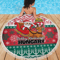 Round 150cm beach blanket with fringe border, red-green festive print and Santa plus reindeer