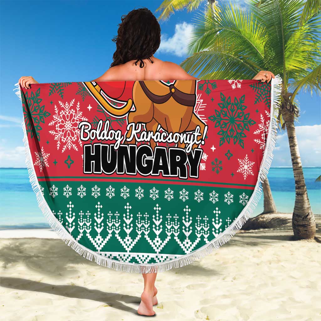 Round Christmas beach blanket with fringe, red and green holiday print featuring Santa and deer