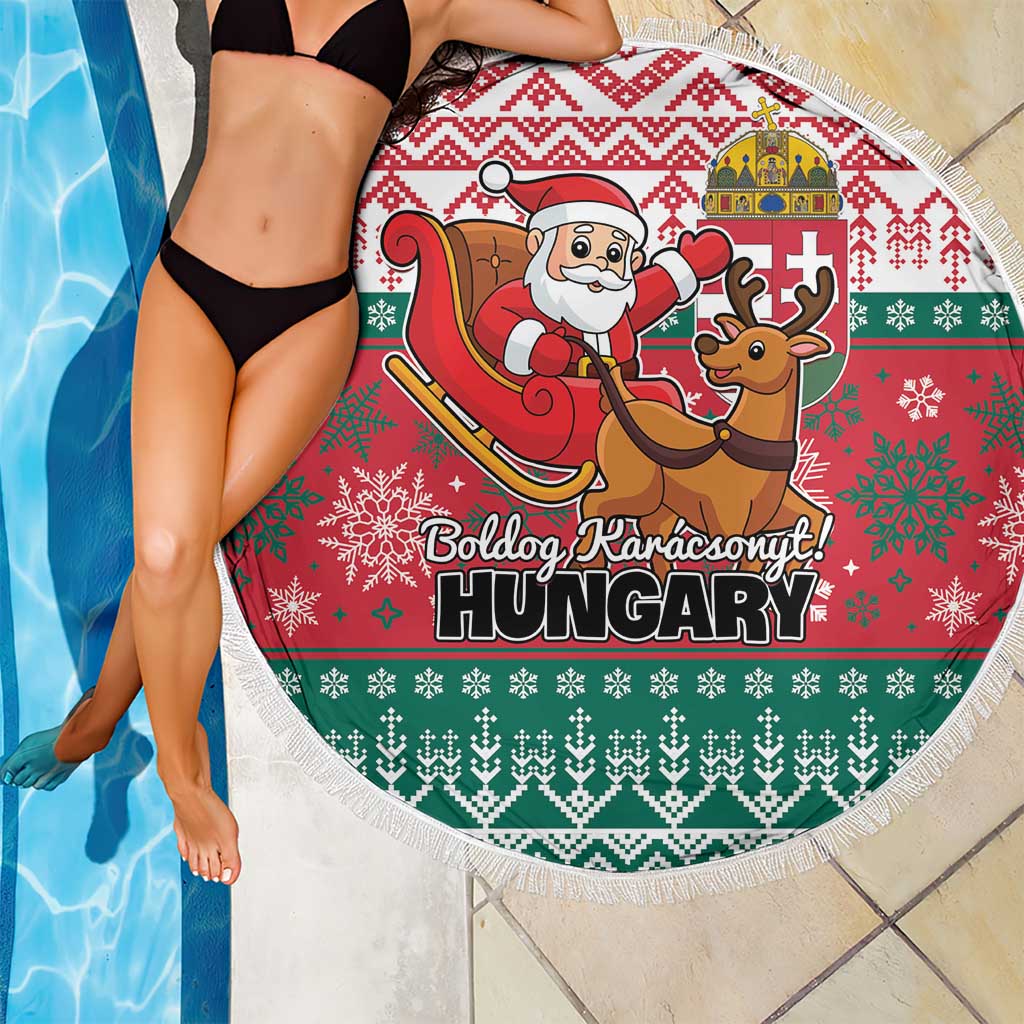 Round fringe-edged Christmas beach blanket in red and green with Santa sleigh and reindeer