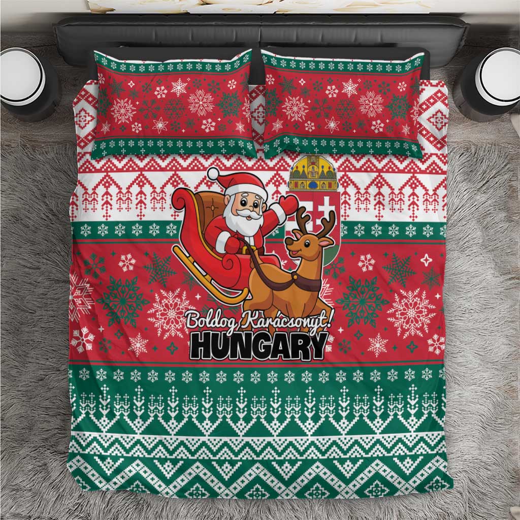 Red and green Christmas bedding set with Santa and reindeer graphic on duvet