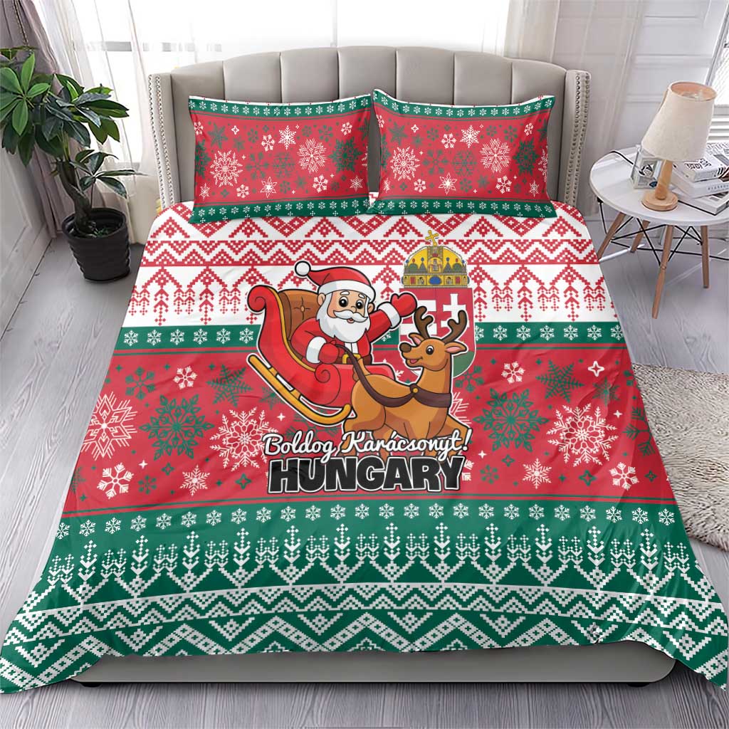Red and green Christmas duvet cover with Santa and reindeer, styled with two pillowcases