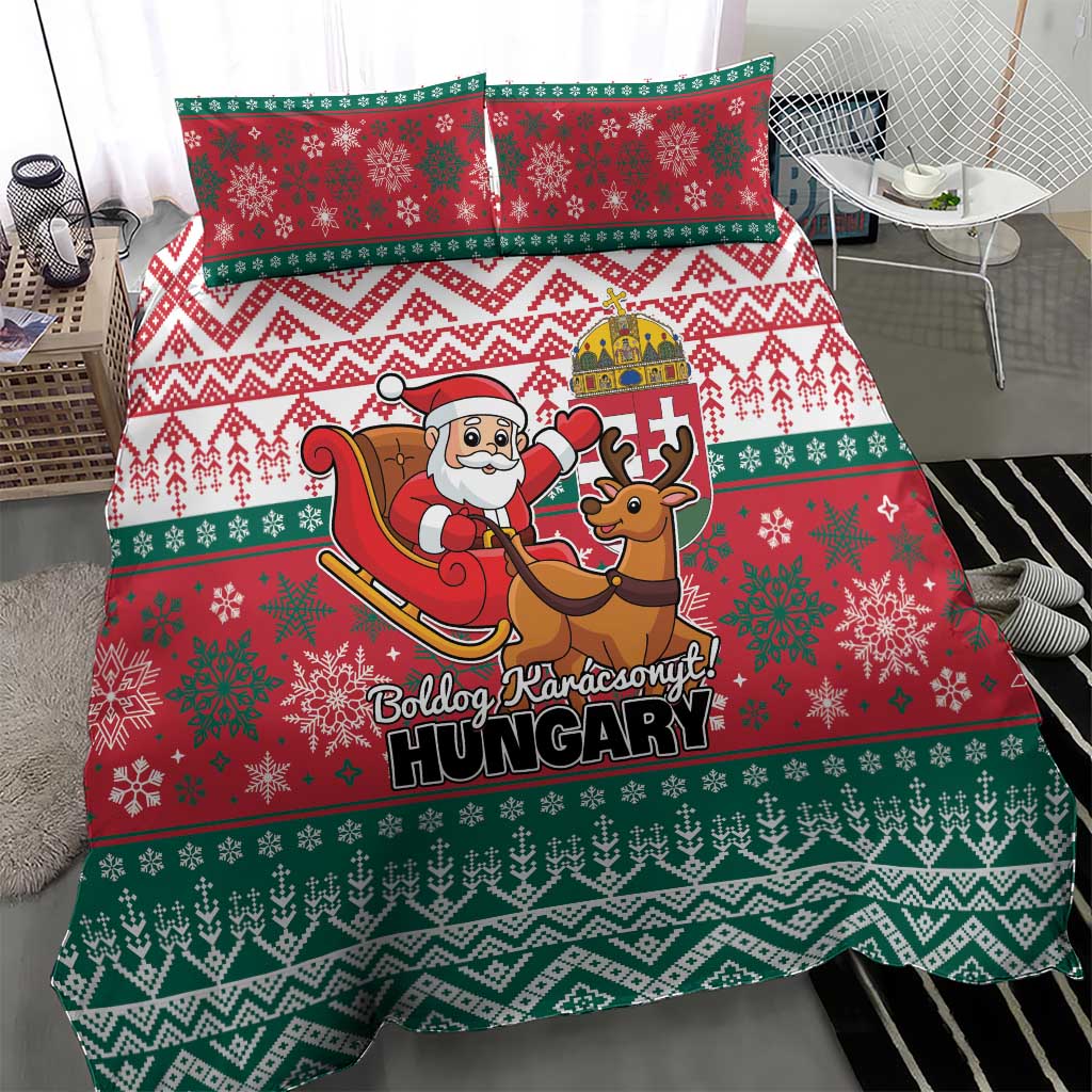 Red and green Christmas bedding set featuring Santa and reindeer with decorative striped bands