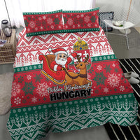Red and green Christmas bedding set featuring Santa and reindeer with decorative striped bands