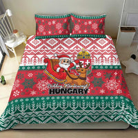 Red and green Christmas duvet cover with Santa and reindeer center print and matching pillows