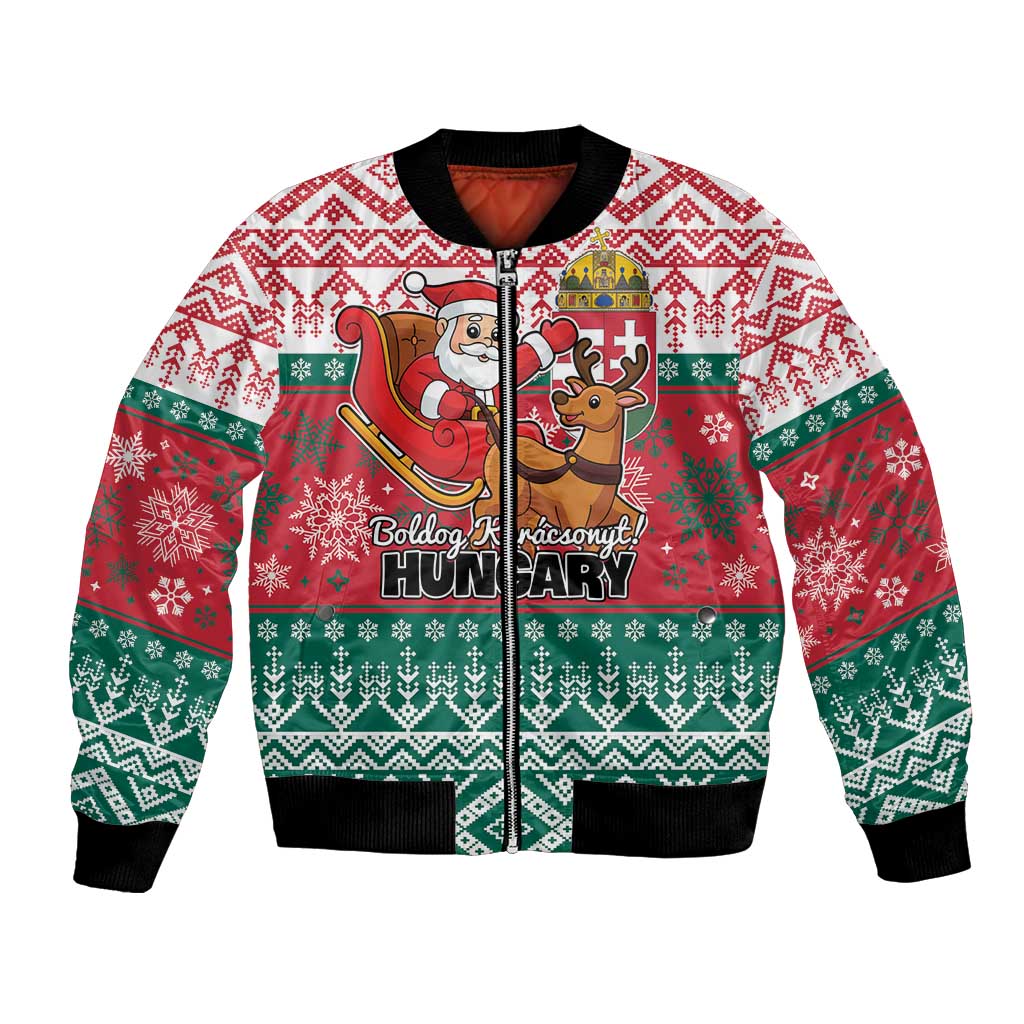 Unisex Christmas bomber jacket, red and green festive pattern, front zipper, ribbed cuffs