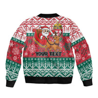 Unisex Christmas bomber jacket, red and green festive back print, ribbed hem and cuffs