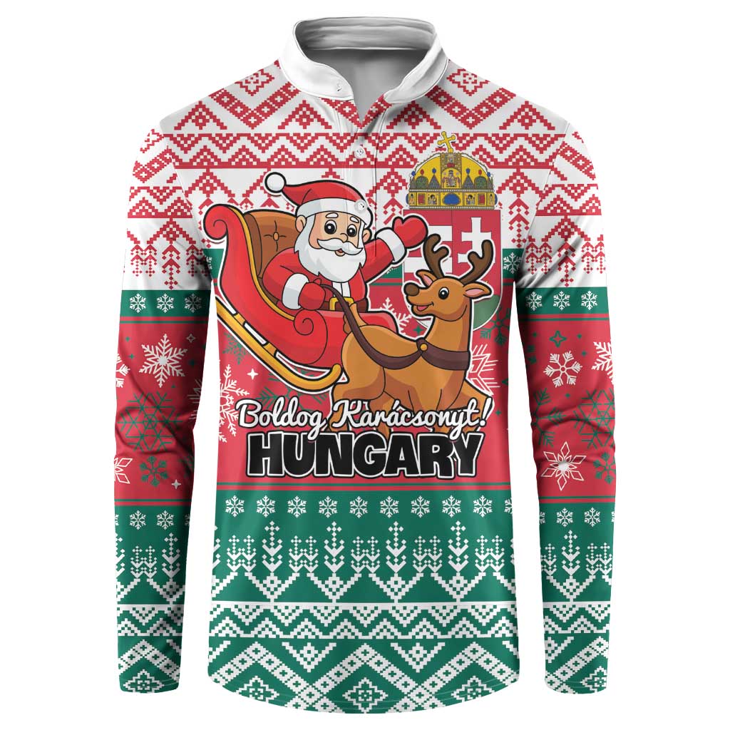 Red and green holiday hooded sweatshirt with front button placket and Santa reindeer graphic