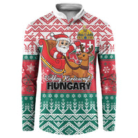 Red and green holiday hooded sweatshirt with front button placket and Santa reindeer graphic