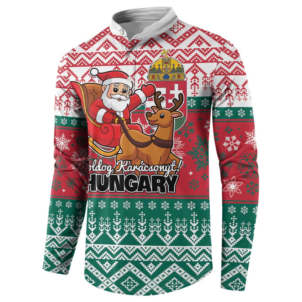 Red and green hooded sweatshirt with Santa, reindeer, crown scene and Hungary text