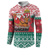 Red and green hooded sweatshirt with Santa, reindeer, crown scene and Hungary text