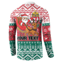 Red and green hooded sweatshirt back with Santa and reindeer and 'YOUR TEXT' graphic