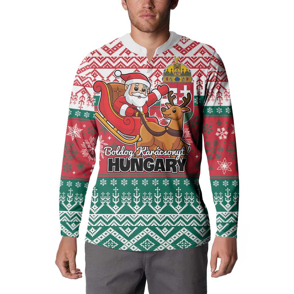 Red and green hooded button sweatshirt on model with Santa and reindeer Hungary graphic