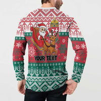 Red and green hooded button sweatshirt back with Santa and reindeer and 'YOUR TEXT'