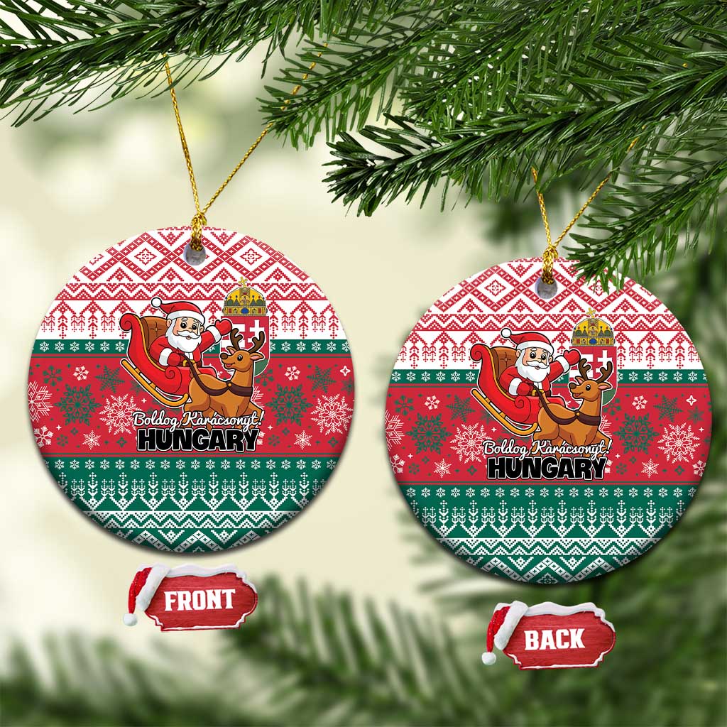 Red and green circular ceramic Christmas ornament with Hungary text and Santa reindeer design.