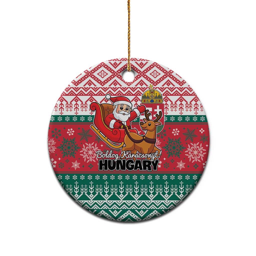 Red and green circular Hungary ceramic Christmas ornament with Santa and reindeer design.