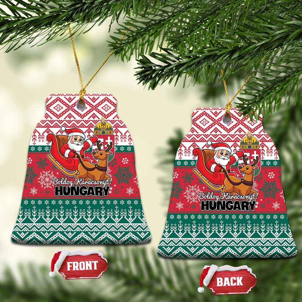 Red and green bell-shaped Hungary ceramic Christmas ornament with Santa and reindeer front/back tags.