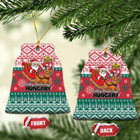 Red and green bell-shaped Hungary ceramic Christmas ornament with Santa and reindeer front/back tags.