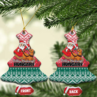 Red and green Christmas tree-shaped Hungary ceramic Christmas ornaments with Santa and reindeer design.