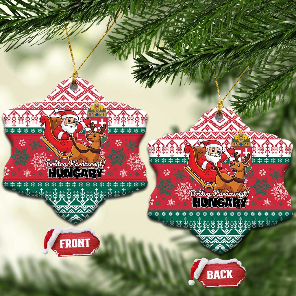 Red and green bell-shaped Hungary ceramic Christmas ornaments with Santa reindeer design, front/back.
