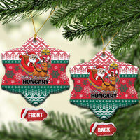 Red and green bell-shaped Hungary ceramic Christmas ornaments with Santa reindeer design, front/back.