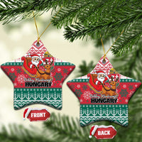 Red and green star-shaped Hungary ceramic Christmas ornaments with Santa and reindeer design.
