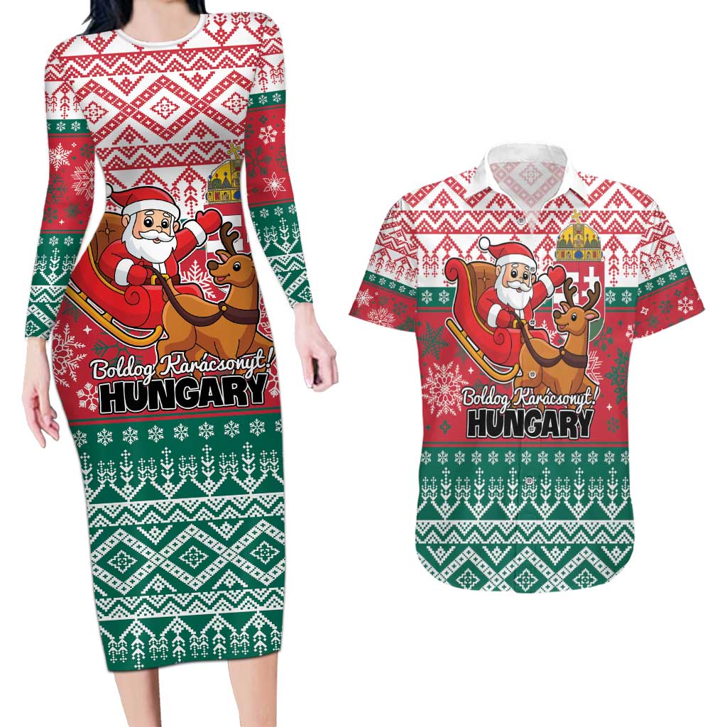 Personalized Hungary Christmas Couples Matching Long Sleeve Bodycon Dress and Hawaiian Shirt Magyarorszag Boldog Karacsonyt - Wonder Print Shop