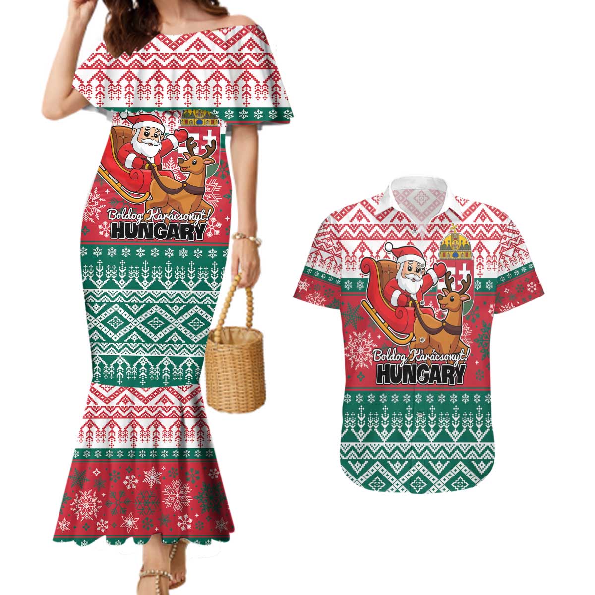 Personalized Hungary Christmas Couples Matching Mermaid Dress and Hawaiian Shirt Magyarorszag Boldog Karacsonyt - Wonder Print Shop