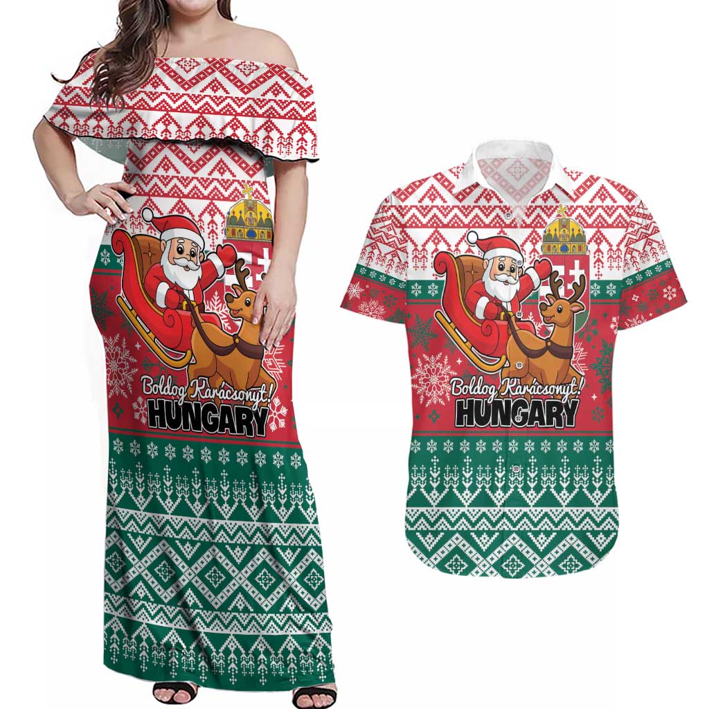 Personalized Hungary Christmas Couples Matching Off Shoulder Maxi Dress and Hawaiian Shirt Magyarorszag Boldog Karacsonyt - Wonder Print Shop