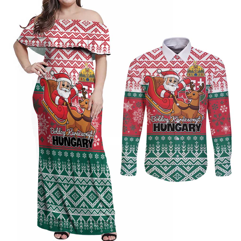 Personalized Hungary Christmas Couples Matching Off Shoulder Maxi Dress and Long Sleeve Button Shirt Magyarorszag Boldog Karacsonyt - Wonder Print Shop