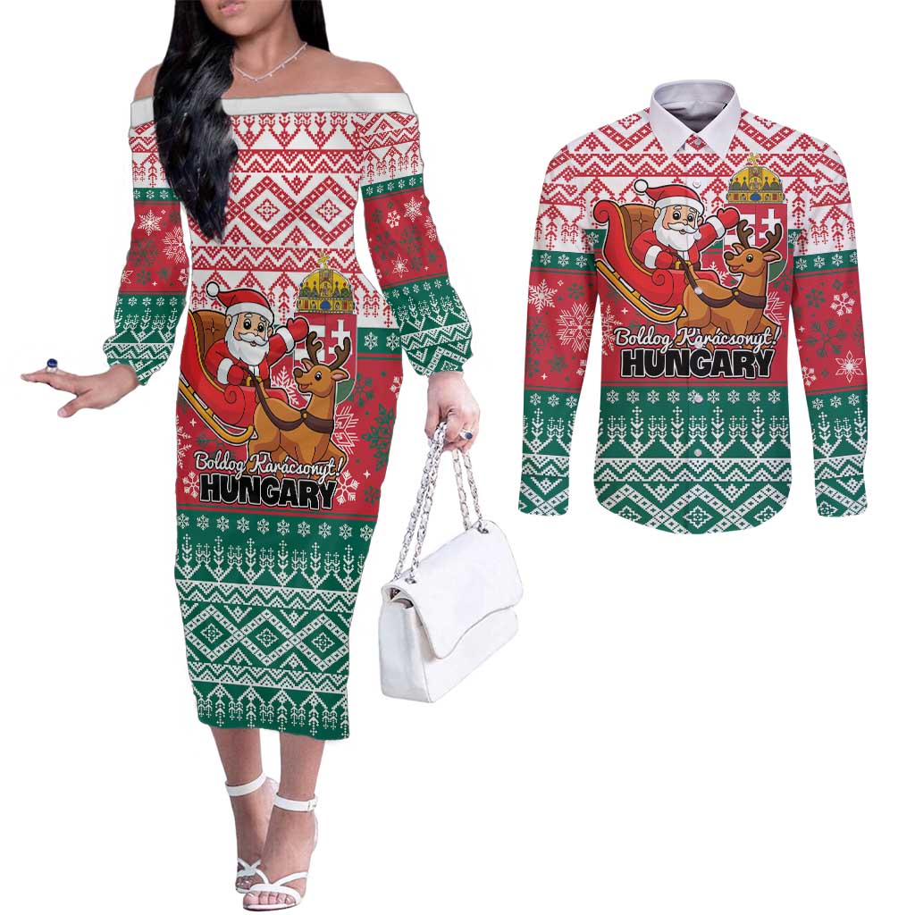 Personalized Hungary Christmas Couples Matching Off The Shoulder Long Sleeve Dress and Long Sleeve Button Shirt Magyarorszag Boldog Karacsonyt