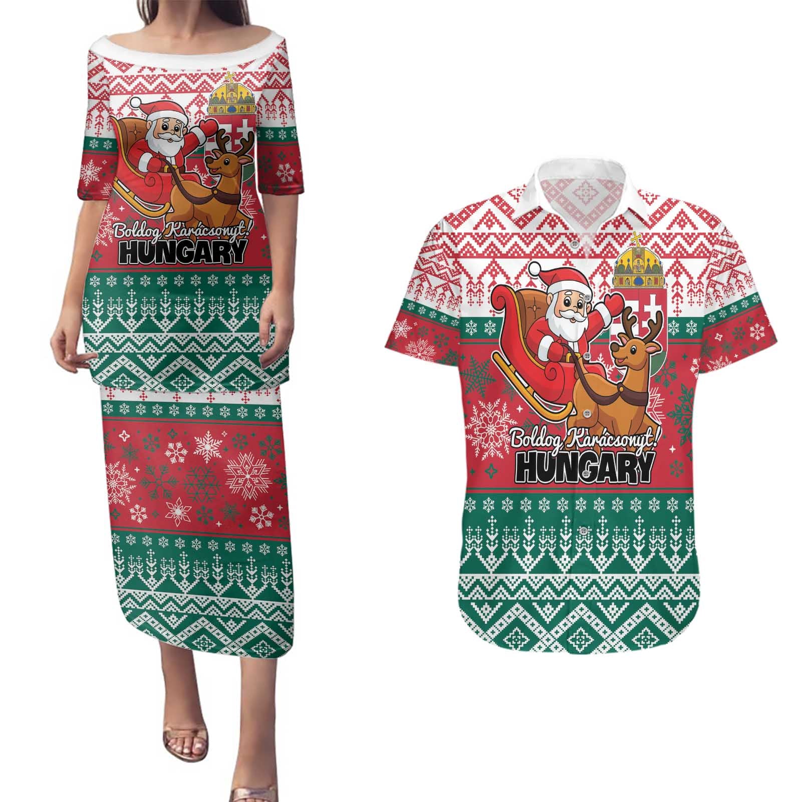 Personalized Hungary Christmas Couples Matching Puletasi and Hawaiian Shirt Magyarorszag Boldog Karacsonyt - Wonder Print Shop