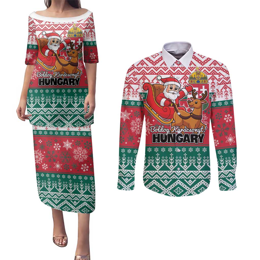 Personalized Hungary Christmas Couples Matching Puletasi and Long Sleeve Button Shirt Magyarorszag Boldog Karacsonyt - Wonder Print Shop