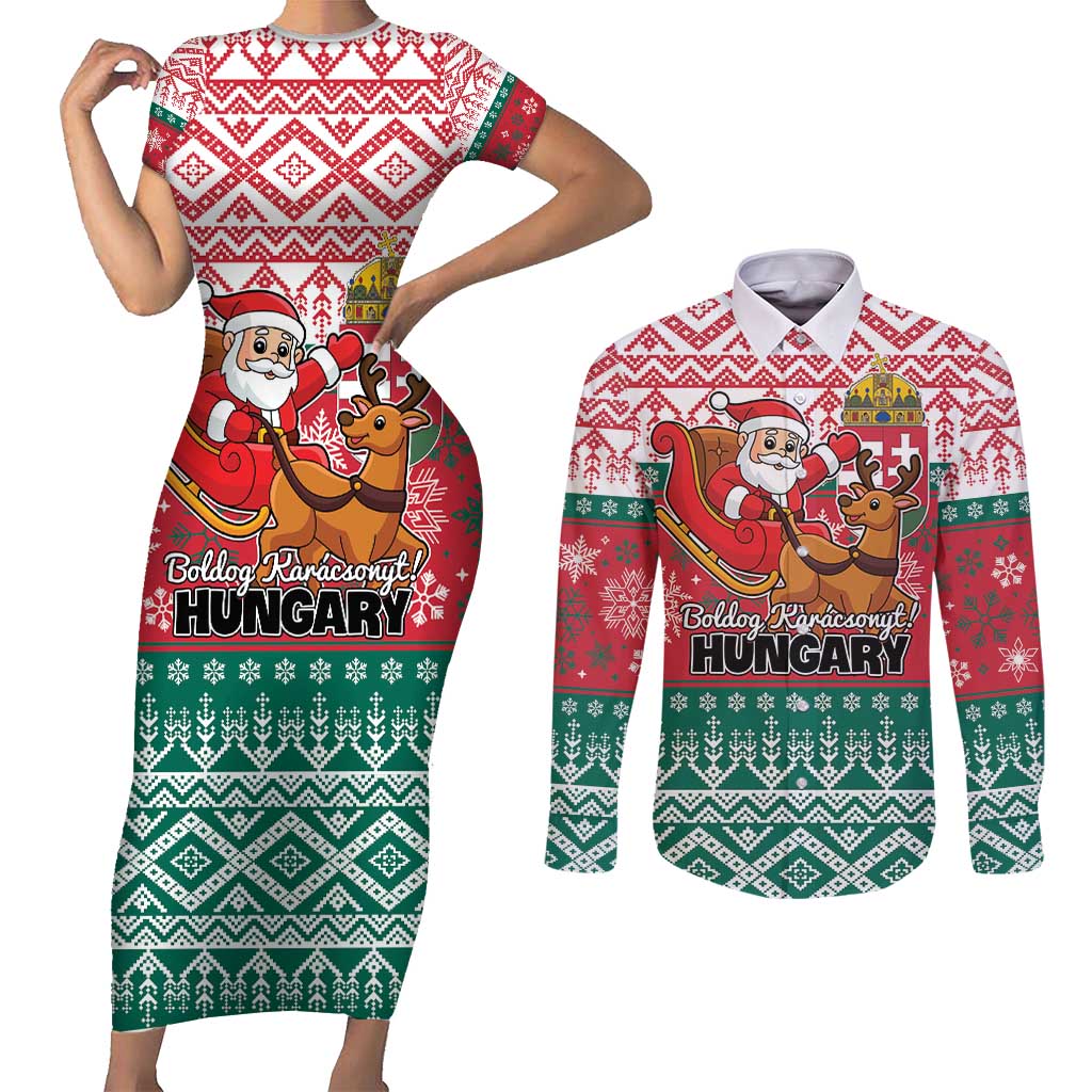 Personalized Hungary Christmas Couples Matching Short Sleeve Bodycon Dress and Long Sleeve Button Shirt Magyarorszag Boldog Karacsonyt - Wonder Print Shop