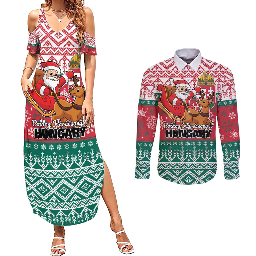 Personalized Hungary Christmas Couples Matching Summer Maxi Dress and Long Sleeve Button Shirt Magyarorszag Boldog Karacsonyt - Wonder Print Shop