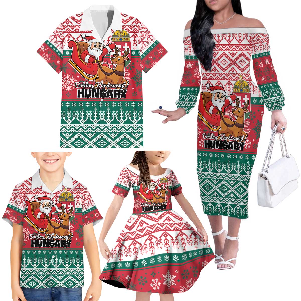 Personalized Hungary Christmas Family Matching Off The Shoulder Long Sleeve Dress and Hawaiian Shirt Magyarorszag Boldog Karacsonyt - Wonder Print Shop